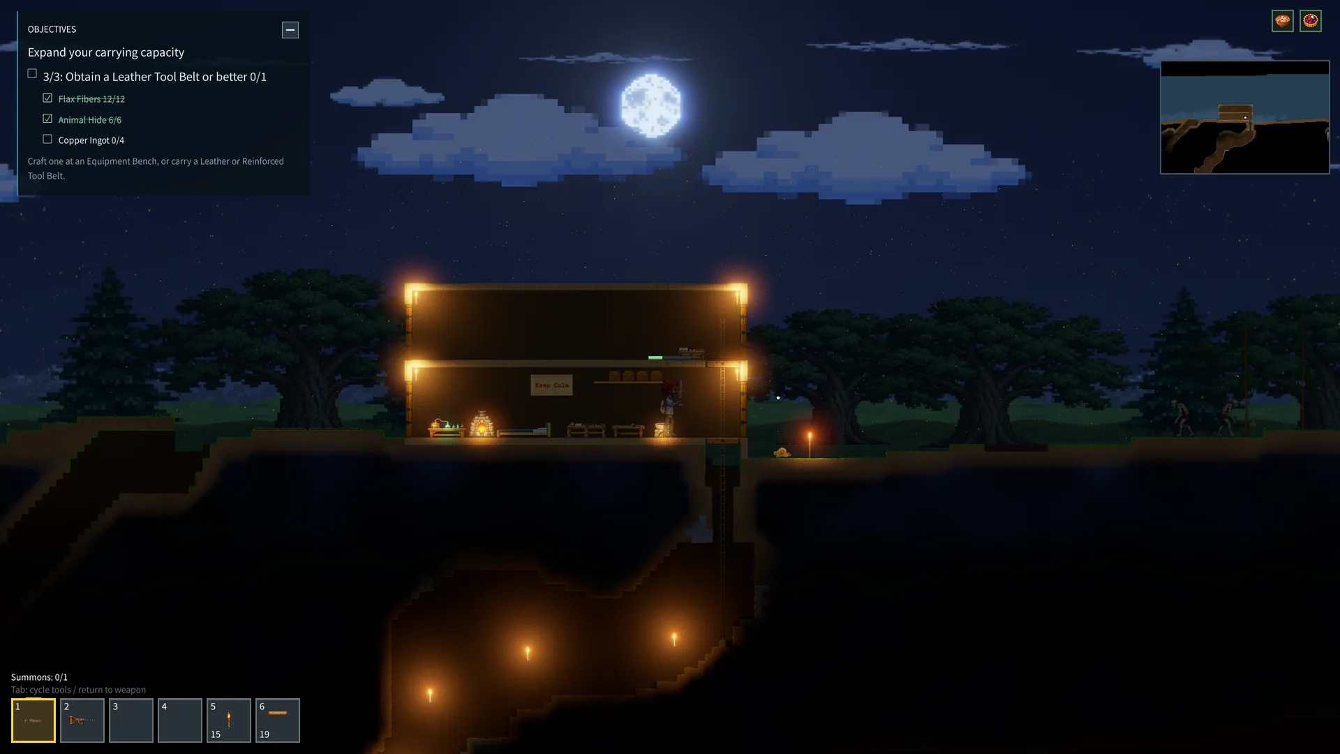 Helitra gameplay at night: a two-story wooden home lit by torches under the moon, with creatures outside and a tunnel underneath