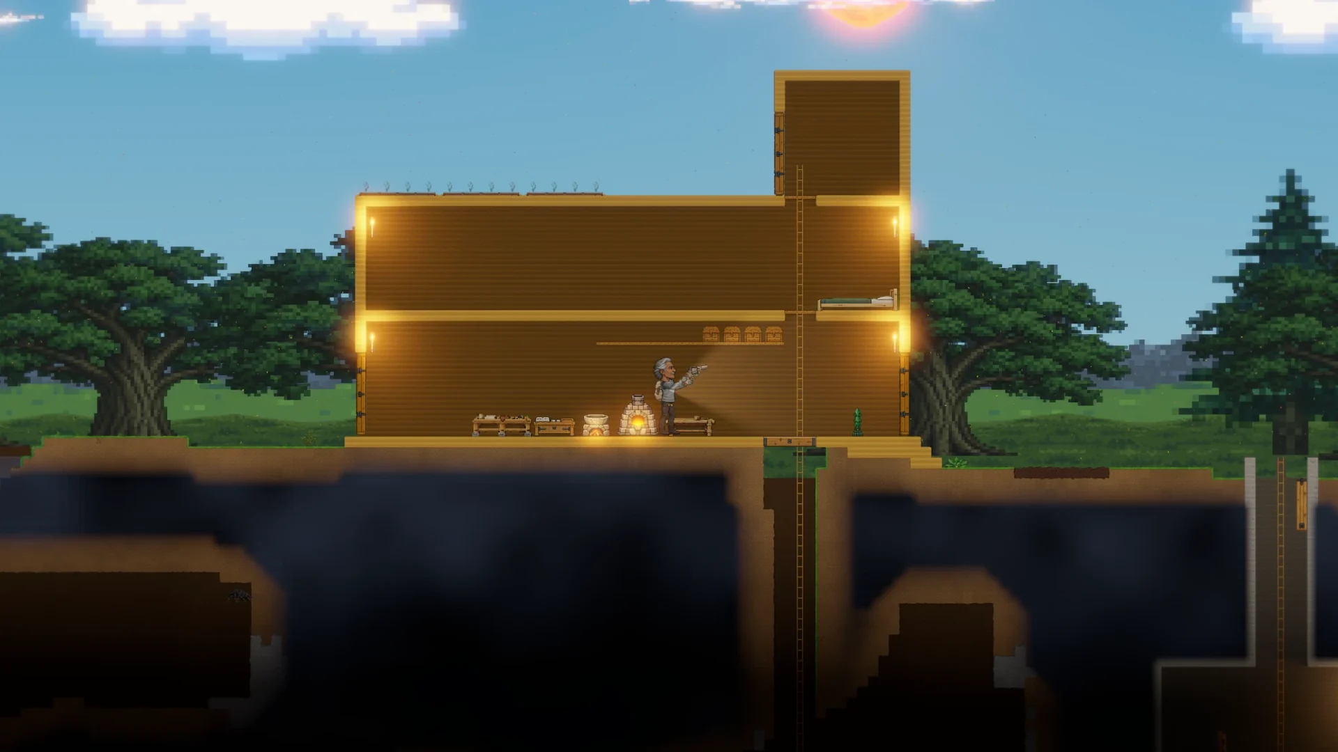 Helitra gameplay: a two-storey wooden base in the Grasslands, with a furnace and crafting stations inside and dark caves underneath